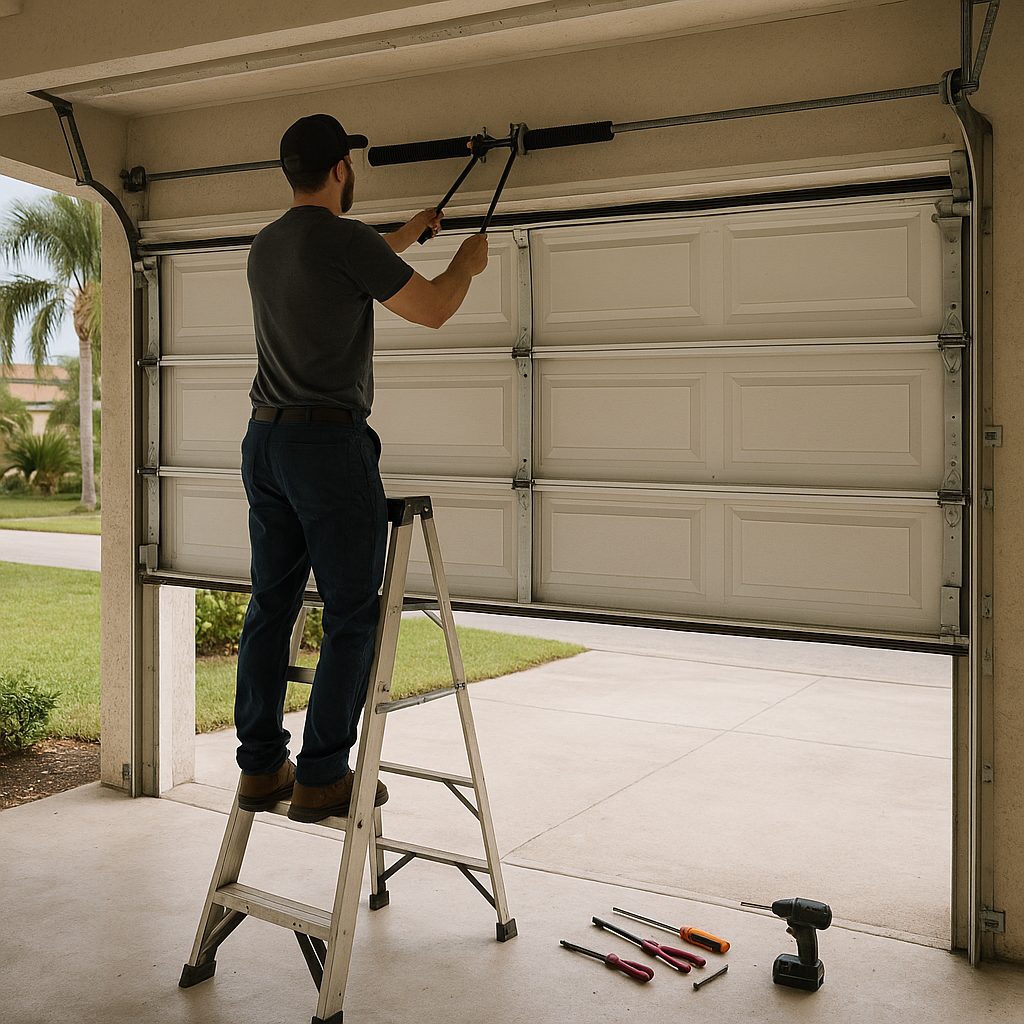 Garage door repair technician adjusts spring on open garage door.