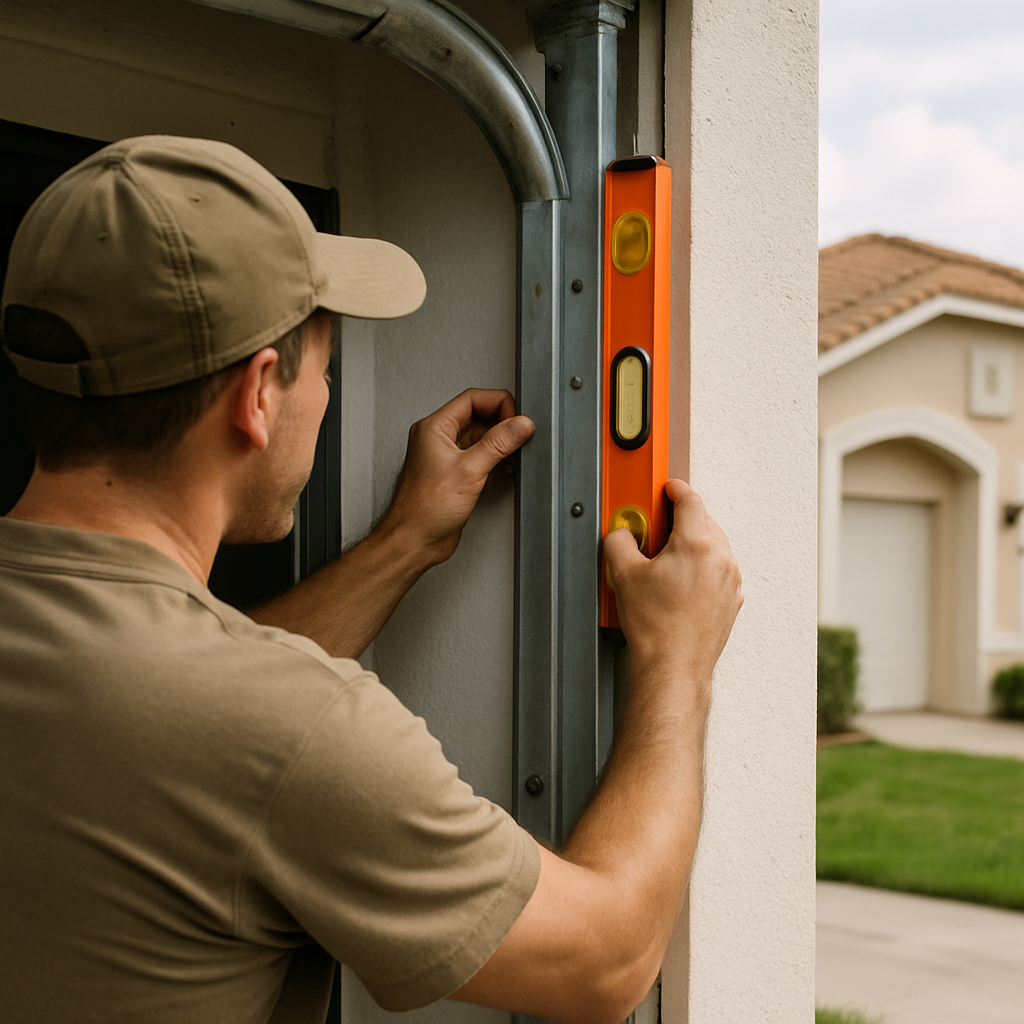 Garage door repair technician uses level on track