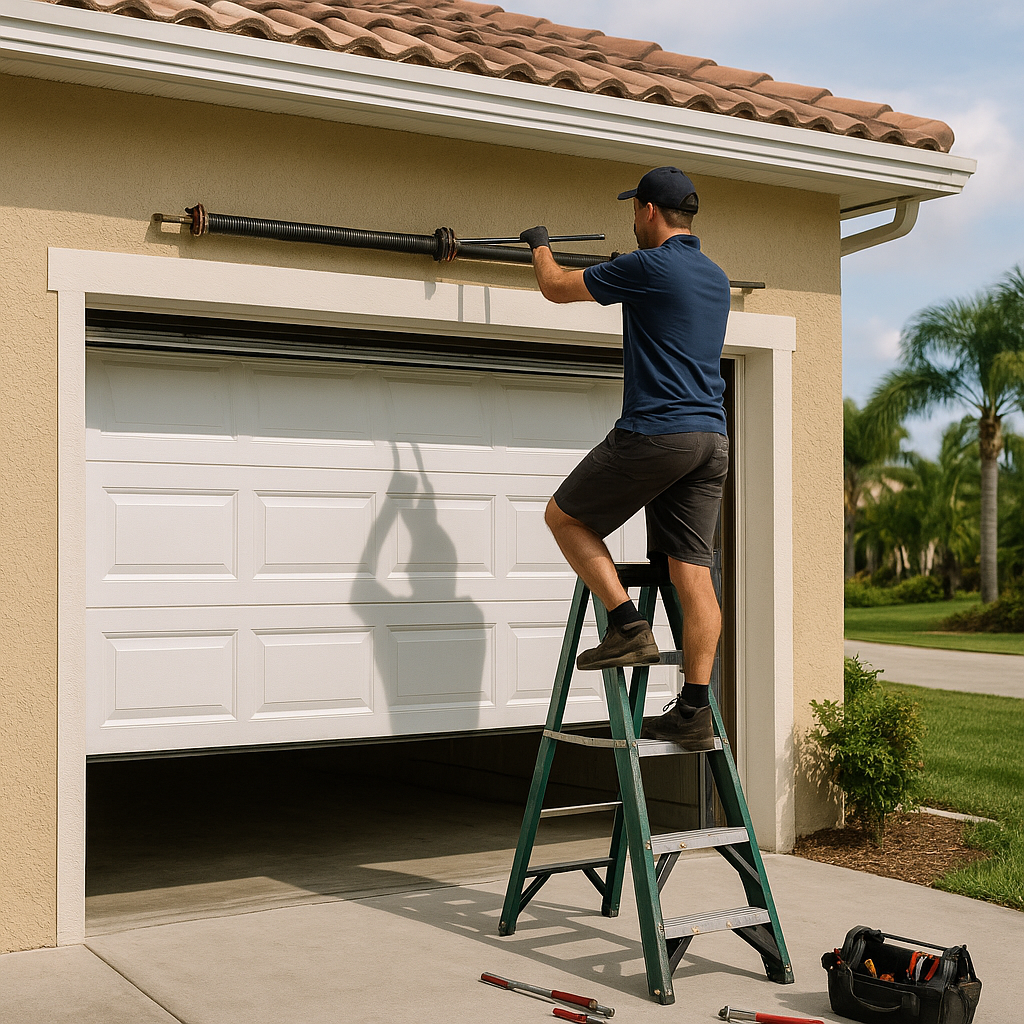 Garage door repair technician working on a spring
