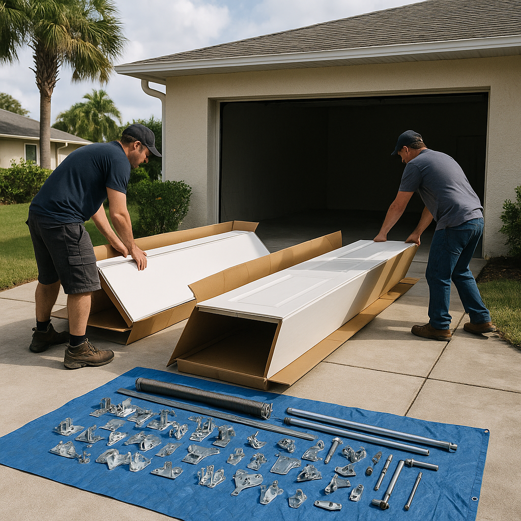 Men installing new garage door panels and hardware.