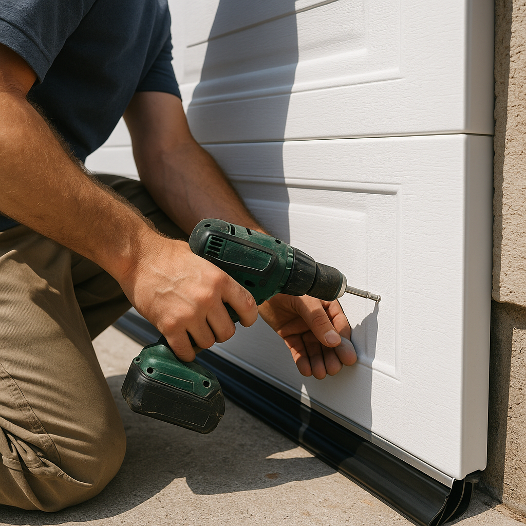 Professional garage door installation with a drill