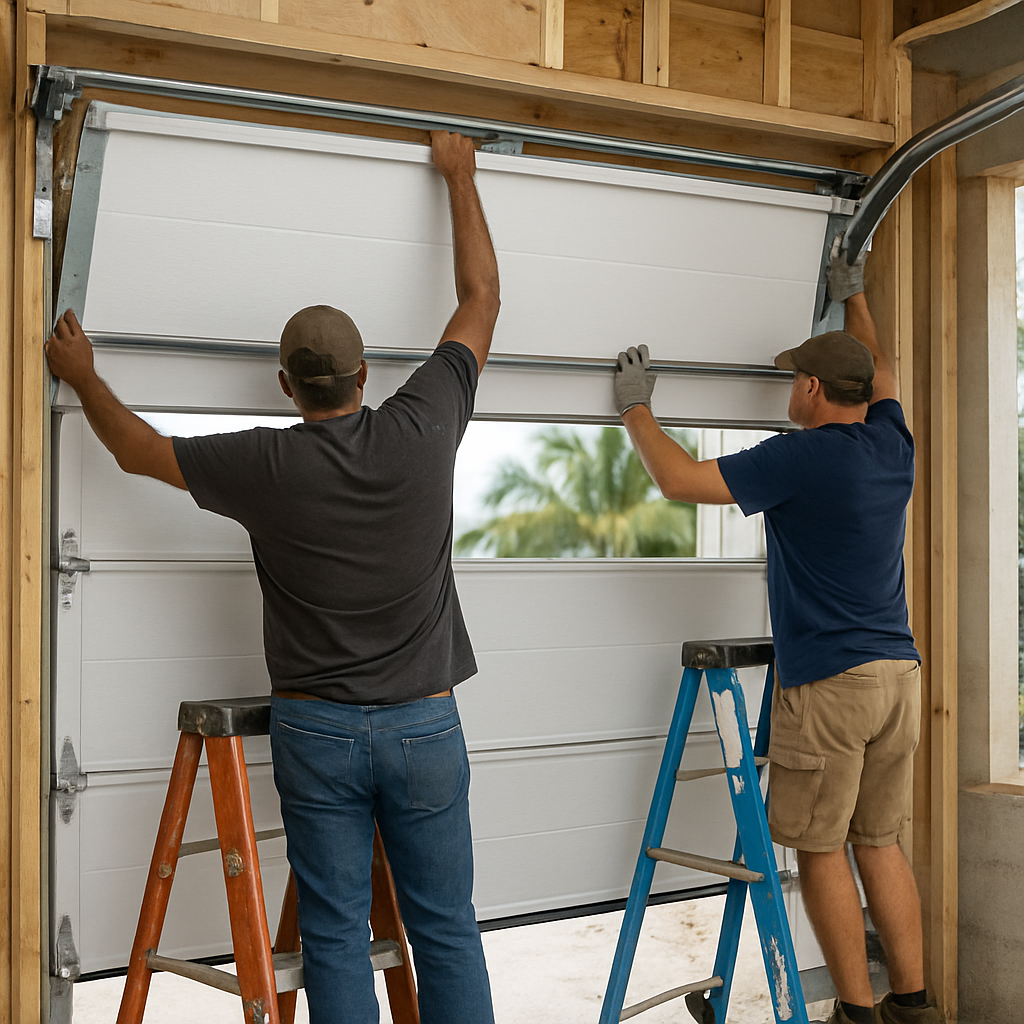 Garage door installation by professional workers.