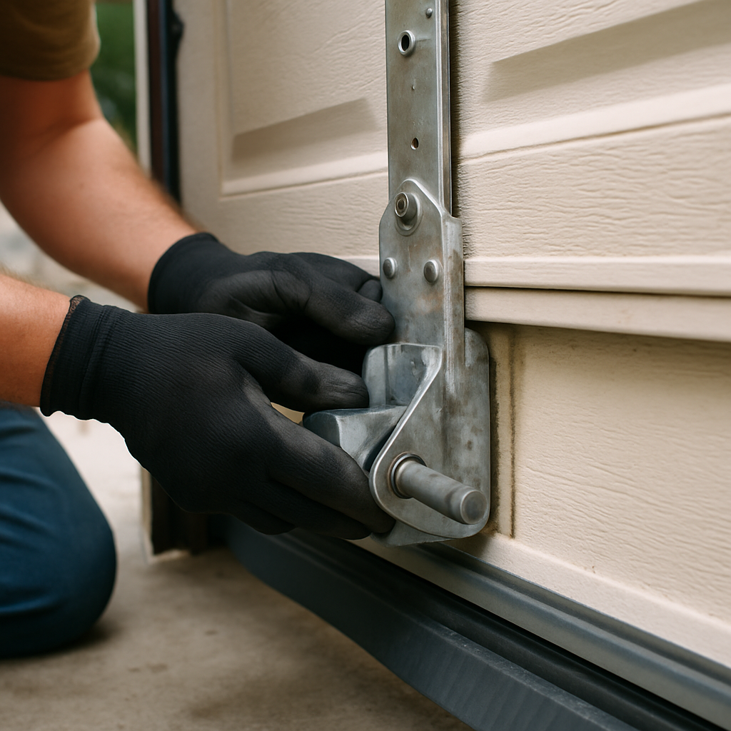 Garage door emergency repair service with professional hands working on mechanism. in Pine Manor, FL