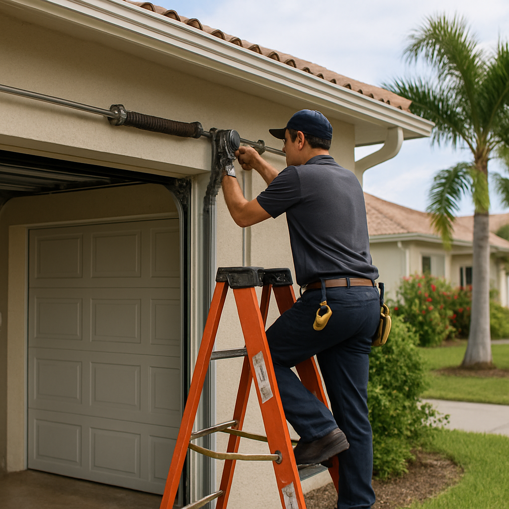 Technician repairing garage door spring on ladder in Fort Myers, FL